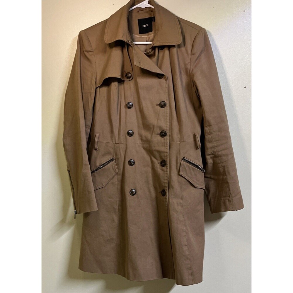 ASOS Trench Coat Women’s Size 12 Brown Lined Mid Length Button Front  No Belt